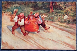Antik humoros festmény képeslap - a három jóbarát