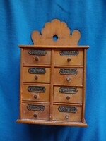 Antique 8-drawer wall-mounted wooden spice cabinet teak in German copper plates copper buttons