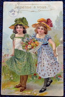 Antique embossed greeting litho postcard - little girls flower bouquet