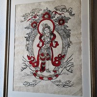 ﻿﻿Wood watermark prints, hand-colored and gilded Green Tara thangkas
