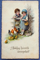 Régi  Húsvéti grafikus üdvözlő litho képeslap - kisleány kisfiú csibe ,kakas, tyúk ,tojás