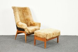 Mid century Vintage, Gaubek Júlia ikonikus birkaszőr fotelja és lábtartója, 1969!