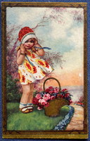 Old degami colombo? Graphic greeting card - little girl rose basket