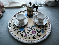 Antique beautiful porcelain tray with handles, coffee tray serving food and drink, schnapps teapot
