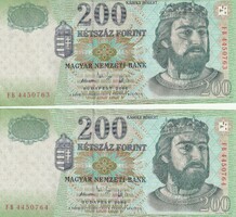 2 DB EXTRA szép ROPOGÓS 2006-os 200 Forintos VF bankjegy sorszámkövető, ÁR ALATT!