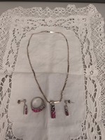 Old handmade silver set for sale. Pink color with swarovski stones, chain pendant ring earrings!