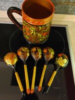 Hand painted Japanese/Russian traditional khokhloma spoons and pitcher