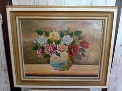 Rózsák vázában - Naplemente hajóval - olaj farost csendélet festmény