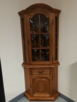 Immaculate oak, two-door, corner display cabinet with drawers, display corner cabinet