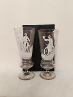 Antik biedermeier pohár 2 db bicikli kerékpár jármű motívummal 8623