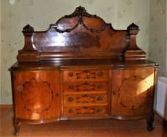 Beautiful inlaid, antique sideboard, drawers in the middle, storage on the sides.