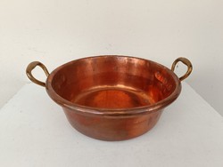 Antique kitchen tool large heavy red copper cauldron with cast brass handle 921 8616