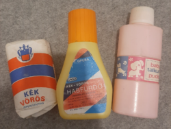 Retro caola souvenirs: blue, red toilet soap; opera blue-red bubble bath, baby talcum powder