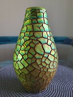 Zsolnay rarity! Green, shrink-glazed (cracked) eosin vase, marked, absolutely flawless!