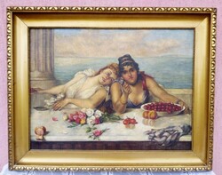 Mediterranean idyll, Greek coastal life, large framed painting by a large species