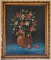 János Dunay: still life with flowers, oil on canvas