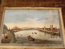 Ofen und pest, early 19th century watercolor, on the back is a ségno and Bava serial number, buda and pest