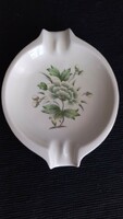 Hollóháza butter-colored porcelain ashtray with green flowers, marked, numbered, first class