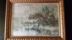 Silk painting, marked, (very old) in a beautiful decorated frame, spring scene, blooming trees