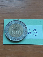Portugal 100 escudos 1990 incm, pedro nunes, bimetal 43