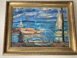 Oil painting / Balaton beach, with sailboats