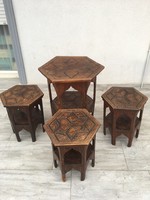 Indonesian carved table and 3 seats.