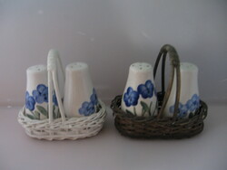 Retro stoneware blue floral salt and pepper shaker in a basket, table spice holder set