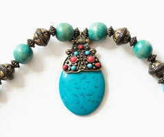 Vintage necklace with hamster head fake-turquoise pendant - bohemian ethno boho folk art