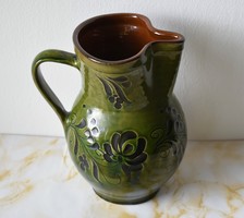 Mezőtúr folk ceramic glazed green jug, spout