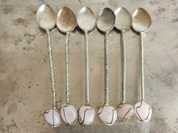 Set of 6 silver-plated antique spoons with rose quartz mineral stone handles