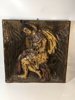 Wood-carved and painted wooden wall picture angel with wings