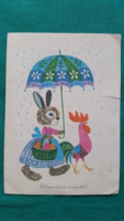 Régi húsvéti képeslap - rajz: Demjén Zsuzsa, futott