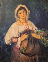 Beautiful old oil painting: the girl selling flowers