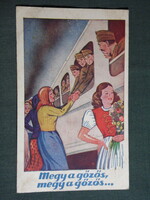 Képeslap,Postcard,artist,katona,honvéd,huszár,romantika,szerelem, megy a gőzös , 1943