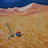 Surrealist painting, vacuum cleaner in the desert.