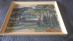 Large-scale oil painting by Stephen B. His picture Pines and River.