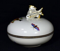 Herend fish figural handle with bird pattern porcelain bonbonier