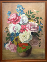 Beautiful and large antique floral still life with certificate. 90X70 cm. Signed. Ms