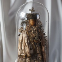 Mária szobor ezüst viasz Szent Kép kegytárgy gyermek Jézus keresztény üveg vallási templomi művészet