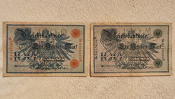 1908-as birodalmi 100 márkák: kék és zöld címerrel (VF) – Német császárság | 2 db bankjegy
