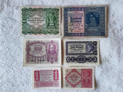Austrian Crown Series (1922) – 1, 2, 10, 20, 100, 1000 (unc-vf) | 6 banknotes