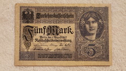 1917-es német 5 márka (Darlehnskassenschein, VF+) | 1 db bankjegy