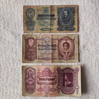 1930-as évekbeli pengősor 20, 50, 100 (F) | 3 db bankjegy