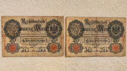 1910-es és 1914-es 20 birodalmi márkások (VF-F) | 2 db bankjegy