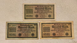 1922-es 1000 márkások (sárga, fehér, zöld papír, F+) – weimari köztársaság | 3 db bankjegy