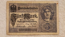 1917-es német 5 márka (Darlehnskassenschein, F+) | 1 db bankjegy