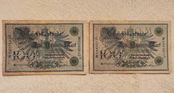 1908-as birodalmi 100 márkák: zöld címerrel (VF) – Német császárság | 2 db bankjegy