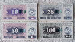 Bosnia, overstamped dinar row, siege of Sarajevo, 1993 (ef-) | 4 banknotes