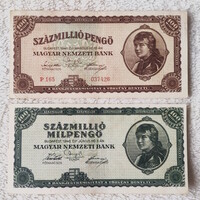 Pengő-milpengő páros: 100 millió és 100 millió milpengő 1946-ból (VF) | 2 db bankjegy