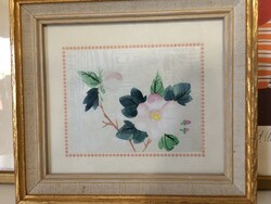 Hand-painted silk picture, in a wooden frame